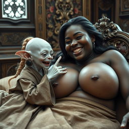 In an opulent medieval bedroom filled with exquisite details, a tiny elderly female goblin lies on a beautifully crafted bed