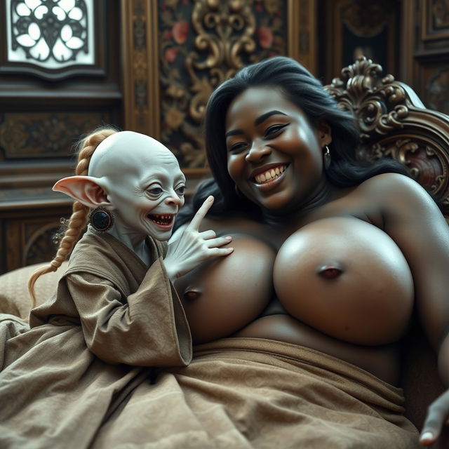 In an opulent medieval bedroom filled with exquisite details, a tiny elderly female goblin lies on a beautifully crafted bed