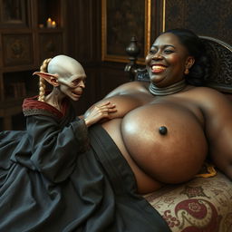 Lying on a medieval bed in an intricately decorated medieval room, a tiny, emaciated albino female goblin with very pale skin and rotten teeth is dressed in a long, fully closed Buddhist cloak