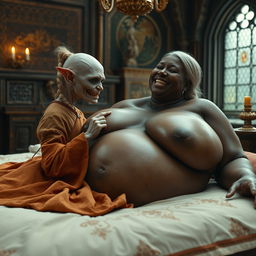 Lying on a medieval bed in an intricately decorated medieval room, a tiny, emaciated albino female goblin with very pale skin and rotten teeth is dressed in a long, fully closed Buddhist cloak