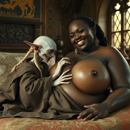 Lying on a medieval bed in an intricately decorated medieval room, a tiny, emaciated albino female goblin with very pale skin and rotten teeth is dressed in a long, fully closed Buddhist cloak