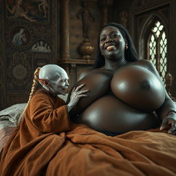 Lying on a medieval bed in an intricately decorated medieval room, a tiny, emaciated albino female goblin with very pale skin and rotten teeth is dressed in a long, fully closed Buddhist cloak