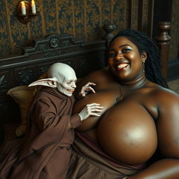 Lying on a medieval bed in an intricately decorated medieval room, a tiny, emaciated albino female goblin with very pale skin and rotten teeth is dressed in a long, fully closed Buddhist cloak