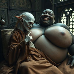 Lying on a medieval bed in an intricately decorated medieval room, a tiny, emaciated albino female goblin with very pale skin and rotten teeth is dressed in a long, fully closed Buddhist cloak