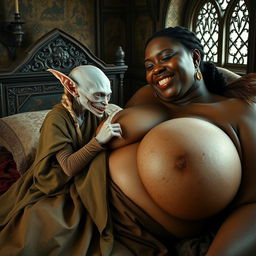 Lying on a medieval bed in an intricately decorated medieval room, a tiny, emaciated albino female goblin with very pale skin and rotten teeth is dressed in a long, fully closed Buddhist cloak