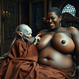 Lying on a medieval bed in an intricately decorated medieval room, a tiny, emaciated albino female goblin with very pale skin and rotten teeth is dressed in a long, fully closed Buddhist cloak