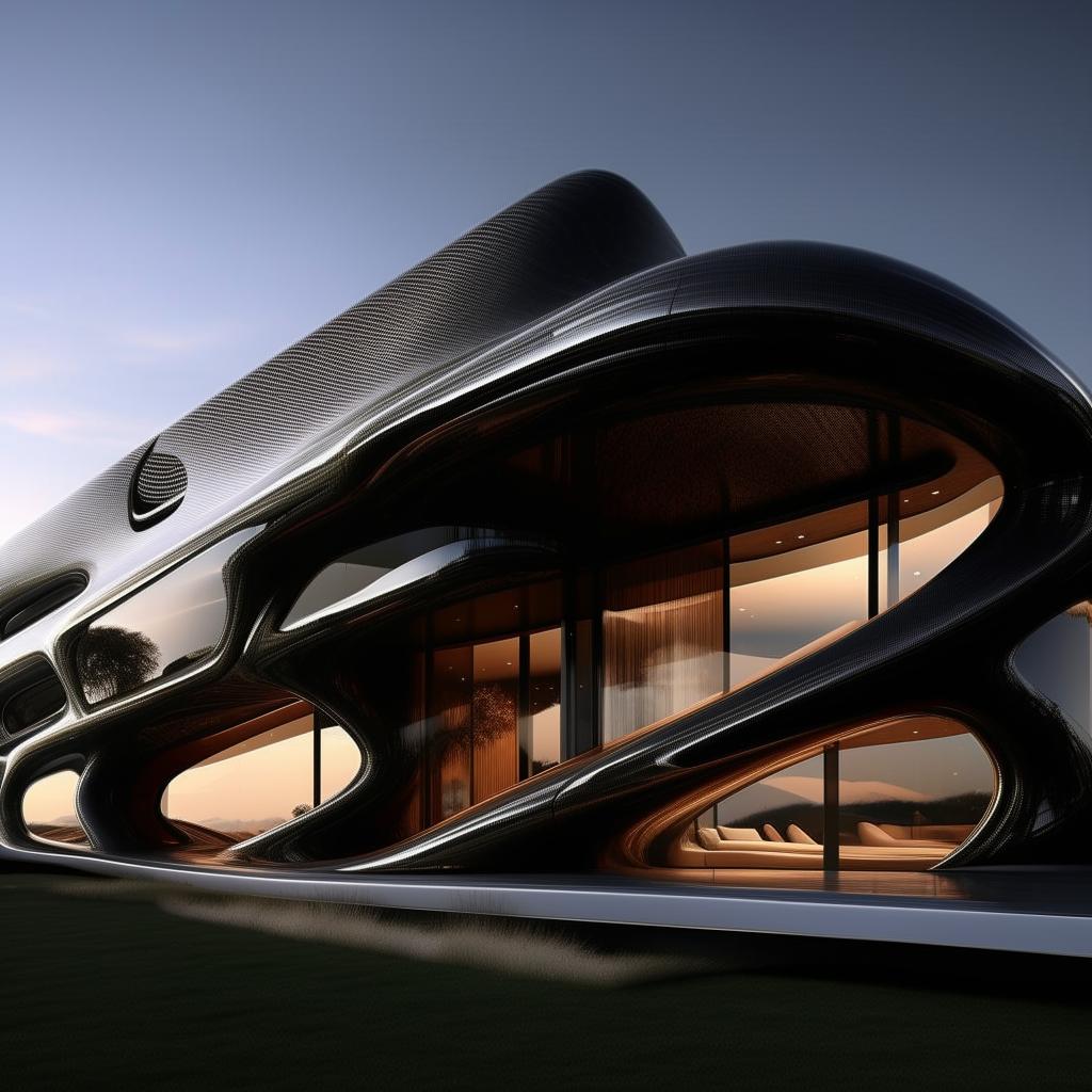 An 8K resolution and 1080HP picture quality image of an unprecedented, unreal shaped mansion, constructed with silver, black carbon fibre, and glass, boasting sharp architectural lines, encapsulating futuristic luxury and creativity.