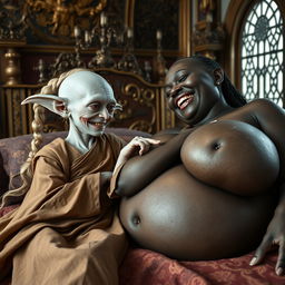 In a lavishly adorned noble medieval room, a small, elderly female goblin is depicted lying on a grand bed