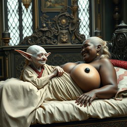 In a lavishly adorned noble medieval room, a small, elderly female goblin is depicted lying on a grand bed