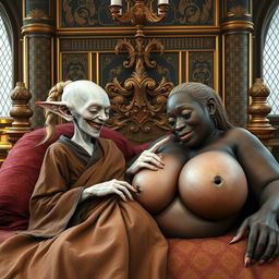 In a lavishly adorned noble medieval room, a small, elderly female goblin is depicted lying on a grand bed