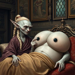 In a richly decorated medieval room, a small, elderly albino female goblin with very pale skin and a malnourished body is depicted lying on an ornate bed