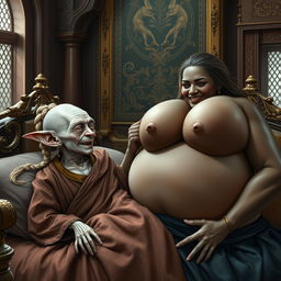 In a richly decorated medieval room, a small, elderly albino female goblin with very pale skin and a malnourished body is depicted lying on an ornate bed