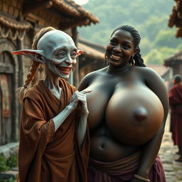 In a medieval village setting, a small, elderly albino female goblin is depicted with very pale skin and a malnourished body, showcasing decayed teeth