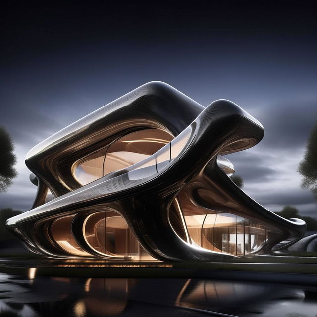 An 8K resolution and 1080HP picture quality image of an unprecedented, unreal shaped mansion, constructed with silver, black carbon fibre, and glass, boasting sharp architectural lines, encapsulating futuristic luxury and creativity.