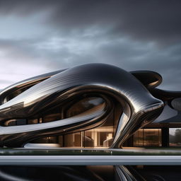 An 8K resolution and 1080HP picture quality image of an unprecedented, unreal shaped mansion, constructed with silver, black carbon fibre, and glass, boasting sharp architectural lines, encapsulating futuristic luxury and creativity.