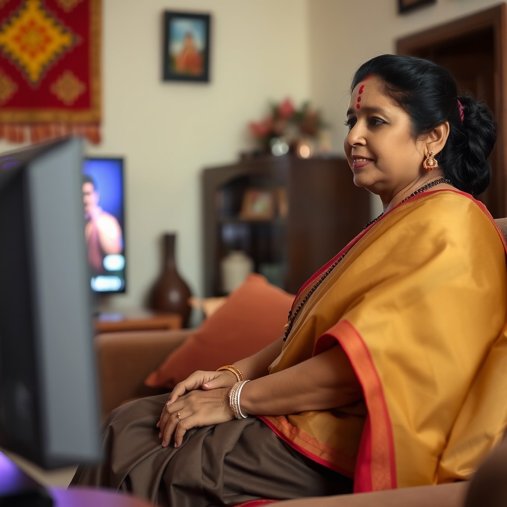 A Kerala woman, approximately 40-45 years old, elegantly dressed in a traditional sari and blouse, sits comfortably on a sofa, watching television