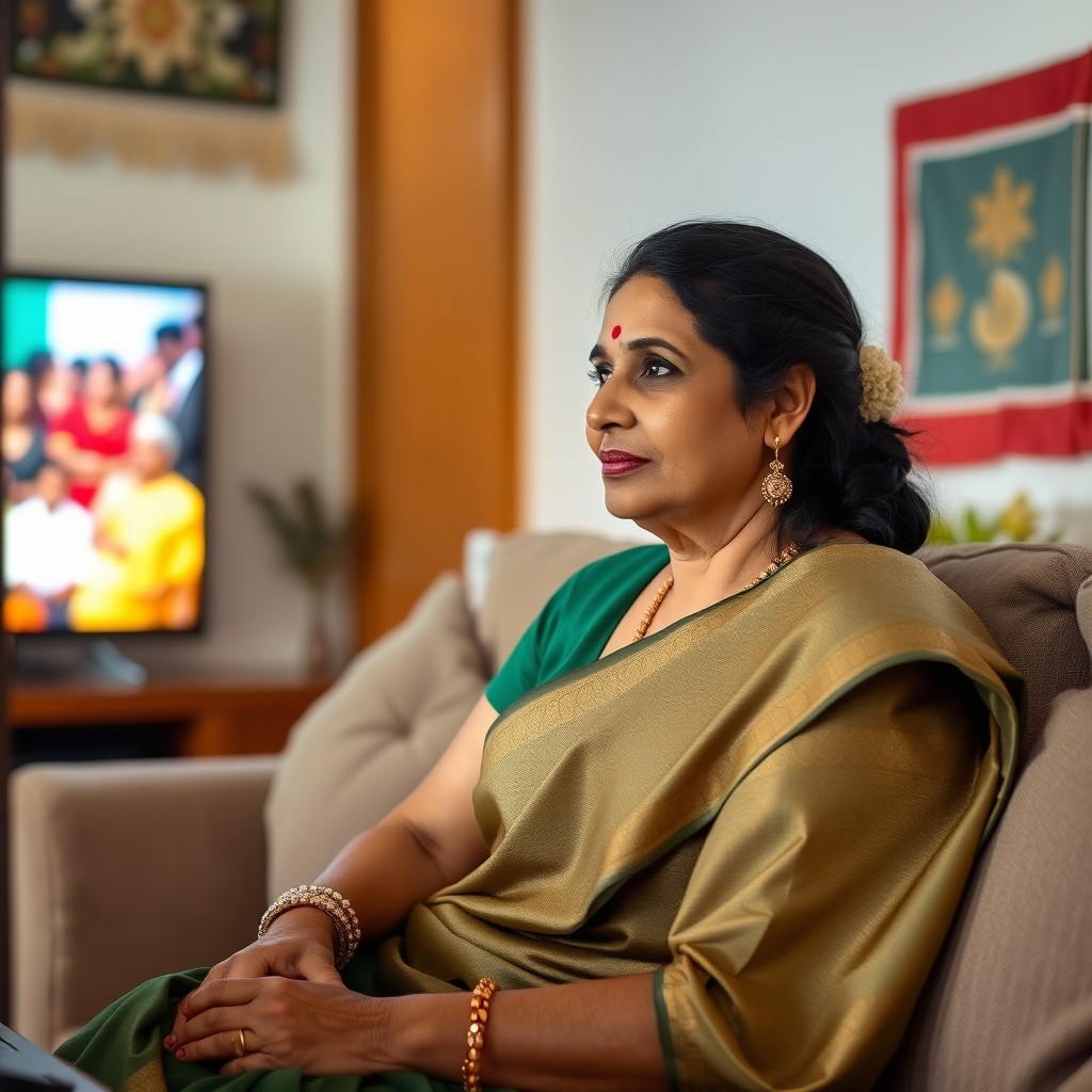 A Kerala woman, approximately 40-45 years old, elegantly dressed in a traditional sari and blouse, sits comfortably on a sofa, watching television positioned to her left