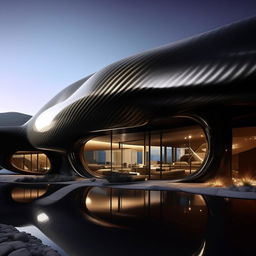 An 8K resolution and 1080HP picture quality image of an unprecedented, unreal shaped mansion, constructed with silver, black carbon fibre, and glass, boasting sharp architectural lines, encapsulating futuristic luxury and creativity.