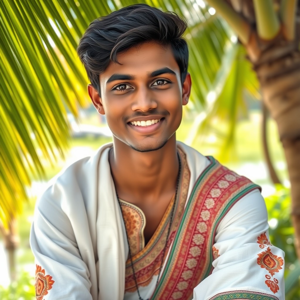 A portrait of a young male from Kerala, India, with dark hair and warm brown skin, showcasing traditional attire with intricate patterns, sitting in a lush green landscape typical of Kerala