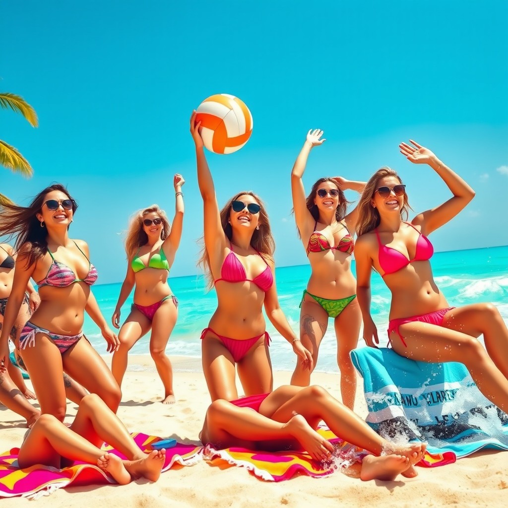 A vibrant, alluring scene featuring several attractive women in a lively, tropical beach setting
