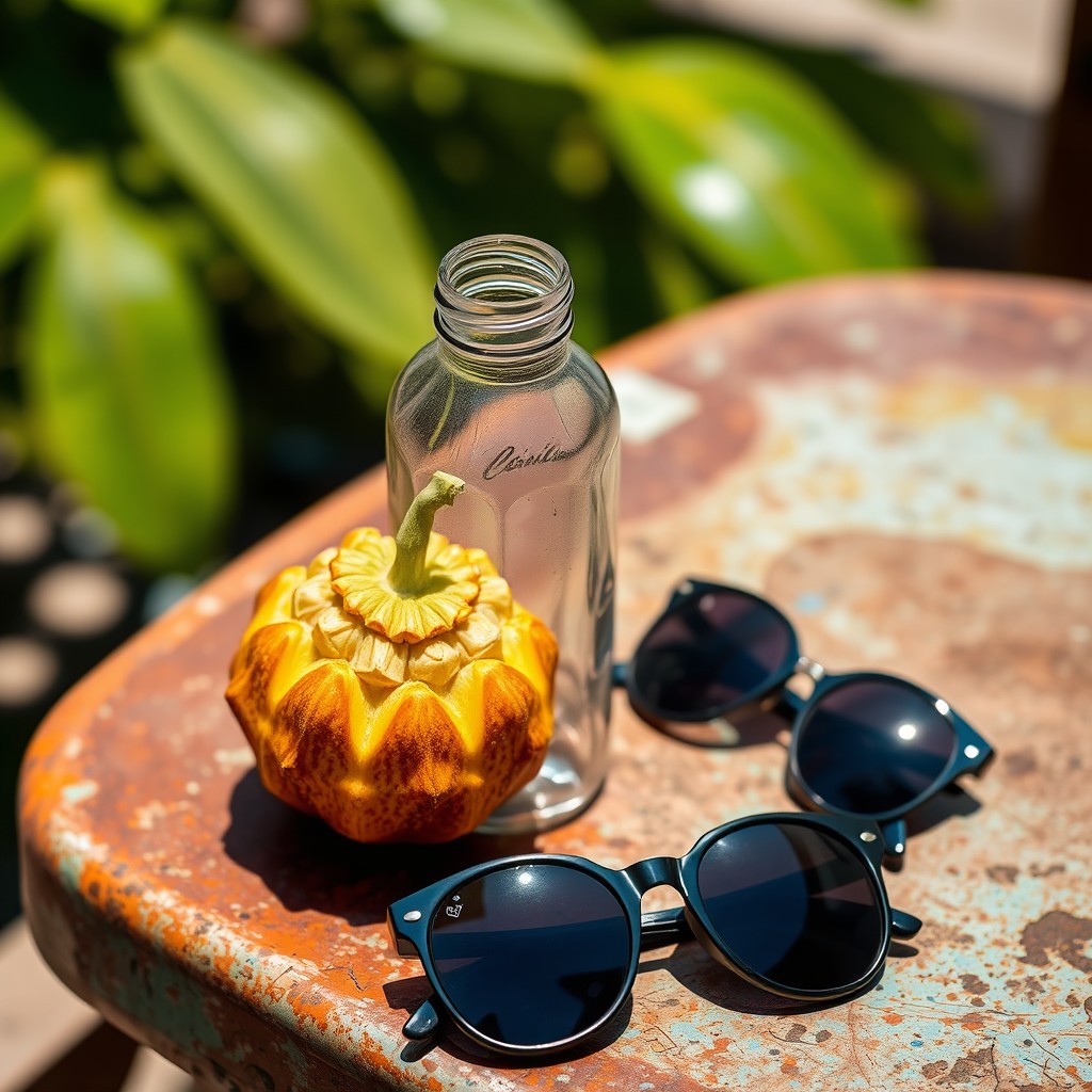 A tropical passion fruit inside a nearly empty plastic bottle placed on a rusty table