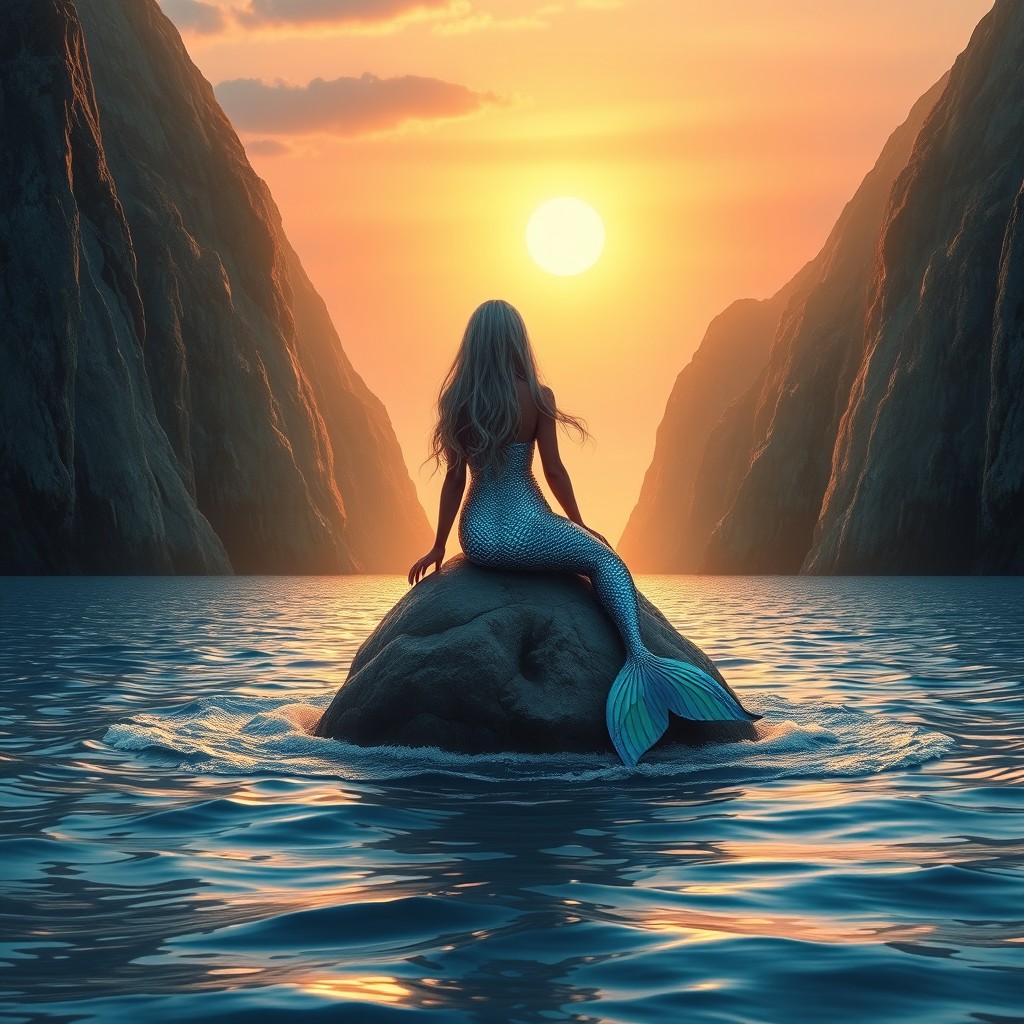 A mesmerizing mermaid sitting gracefully on a rock between two towering mountains amidst the vast ocean