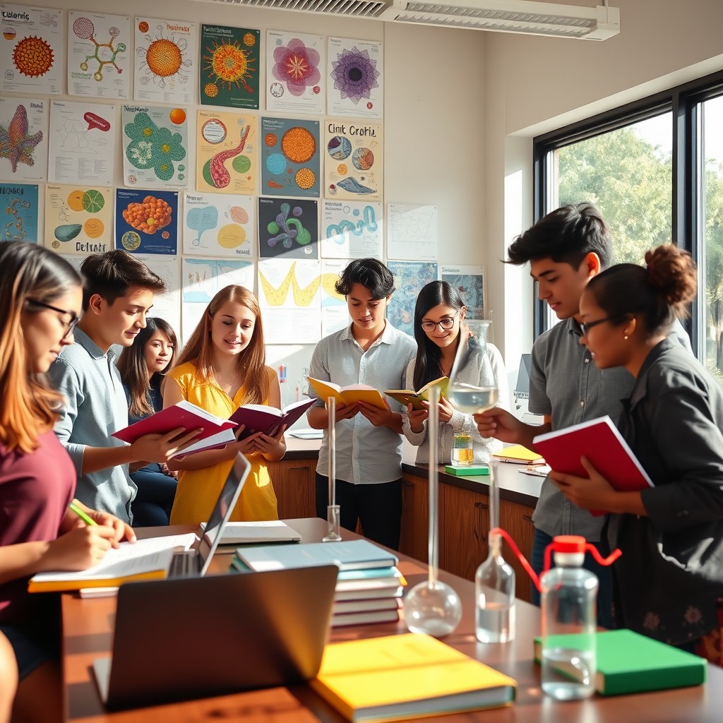 A vibrant and engaging study scene featuring a diverse group of university students engrossed in their third-year biology and chemistry studies