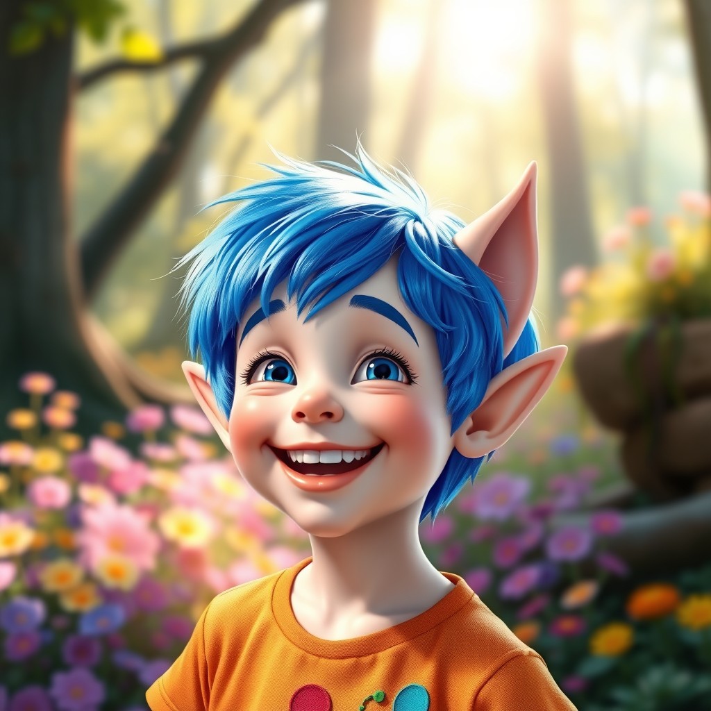 A cheerful blue-haired boy with pointed elf ears, wearing a bright and playful outfit