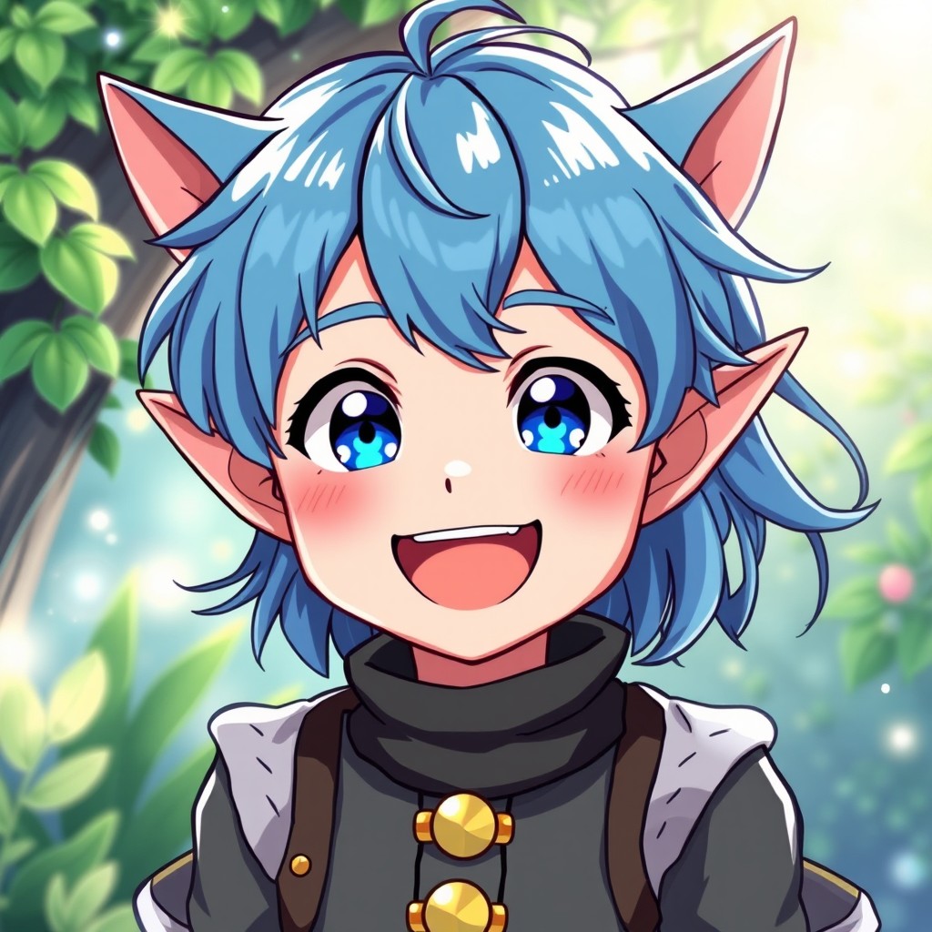 An anime-style cheerful blue-haired boy with pointed elf ears, depicted in a bright and colorful art style