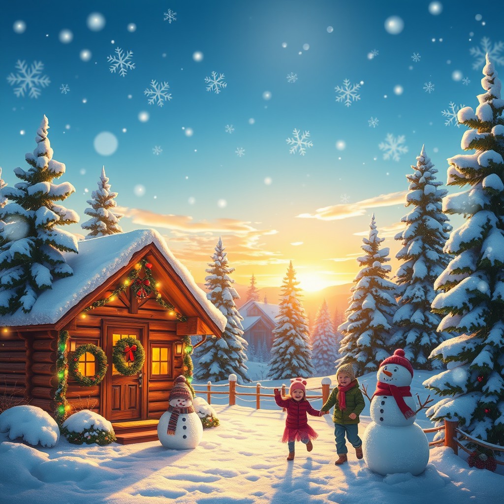 An enchanting Christmas scene inspired by a cheerful atmosphere, featuring whimsical snowflakes gently falling from a bright blue sky