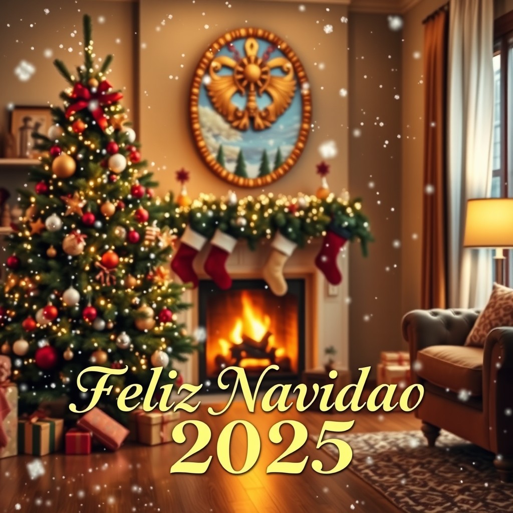 A festive Christmas scene featuring a beautifully decorated Christmas tree adorned with colorful ornaments and twinkling lights in a cozy living room
