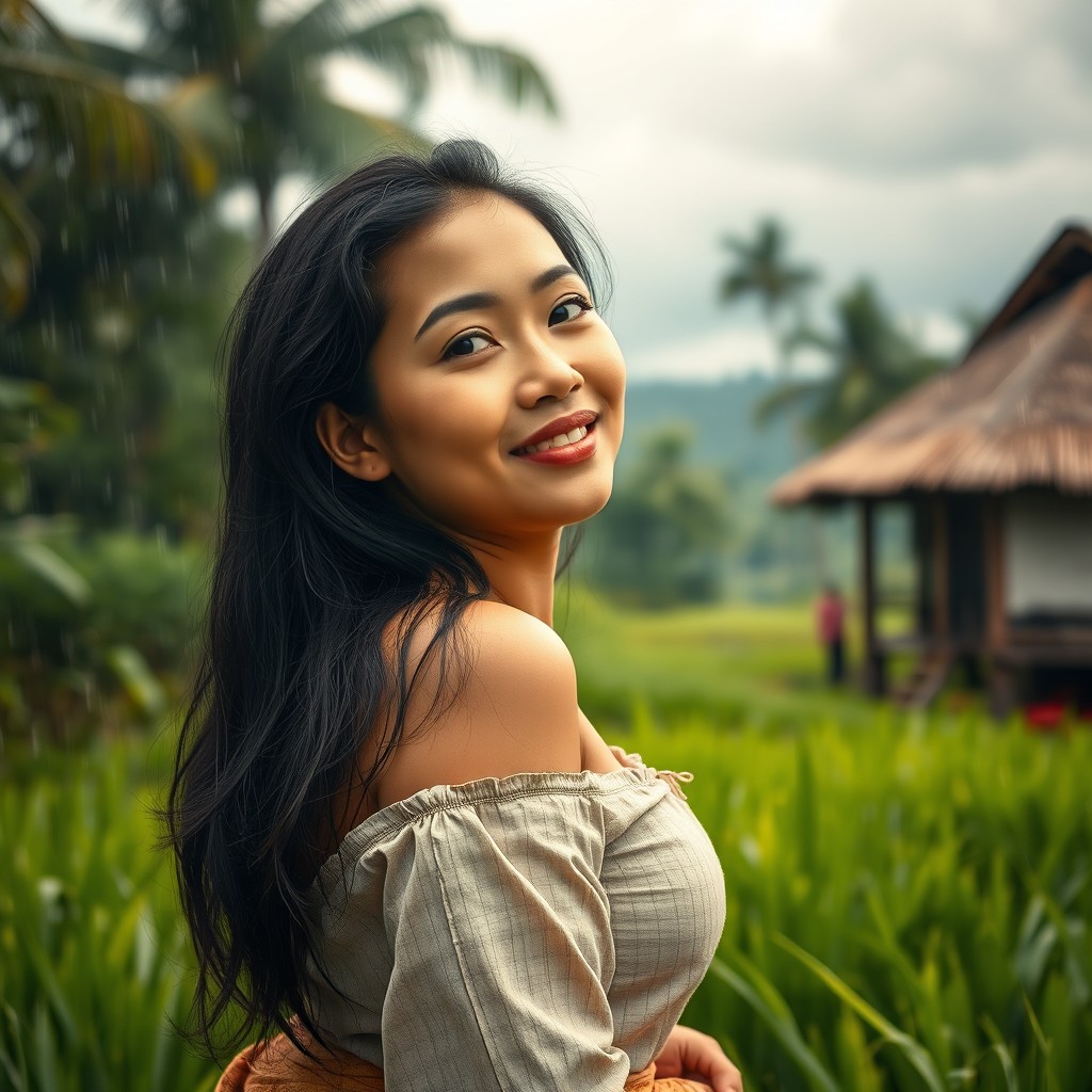A realistic portrait of a beautiful Indonesian woman with a curvy figure, wearing a simple traditional cloth, enjoying the rain in the middle of lush green rice fields