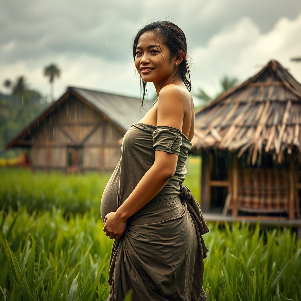 A realistic portrait of a beautiful Indonesian woman with a curvy figure, wearing a simple traditional cloth, enjoying the rain in the middle of lush green rice fields