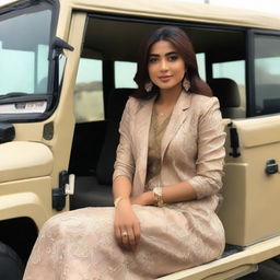 A young woman named Ayesha inside a luxurious Land Cruiser. She is elegantly dressed and is sitting comfortably. The vehicle has a custom number plate with 'Ayesha' on it.