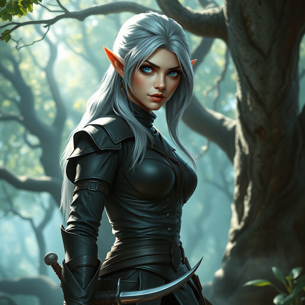 A female rogue elf with striking silver hair and captivating blue eyes, clad in dark, fitted leather armor that enhances her agility and stealth