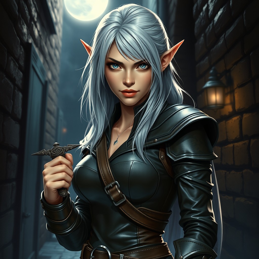A female rogue half-elf with stunning silver hair and piercing blue eyes, wearing sleek, form-fitting leather armor that accentuates her agility and cunningness