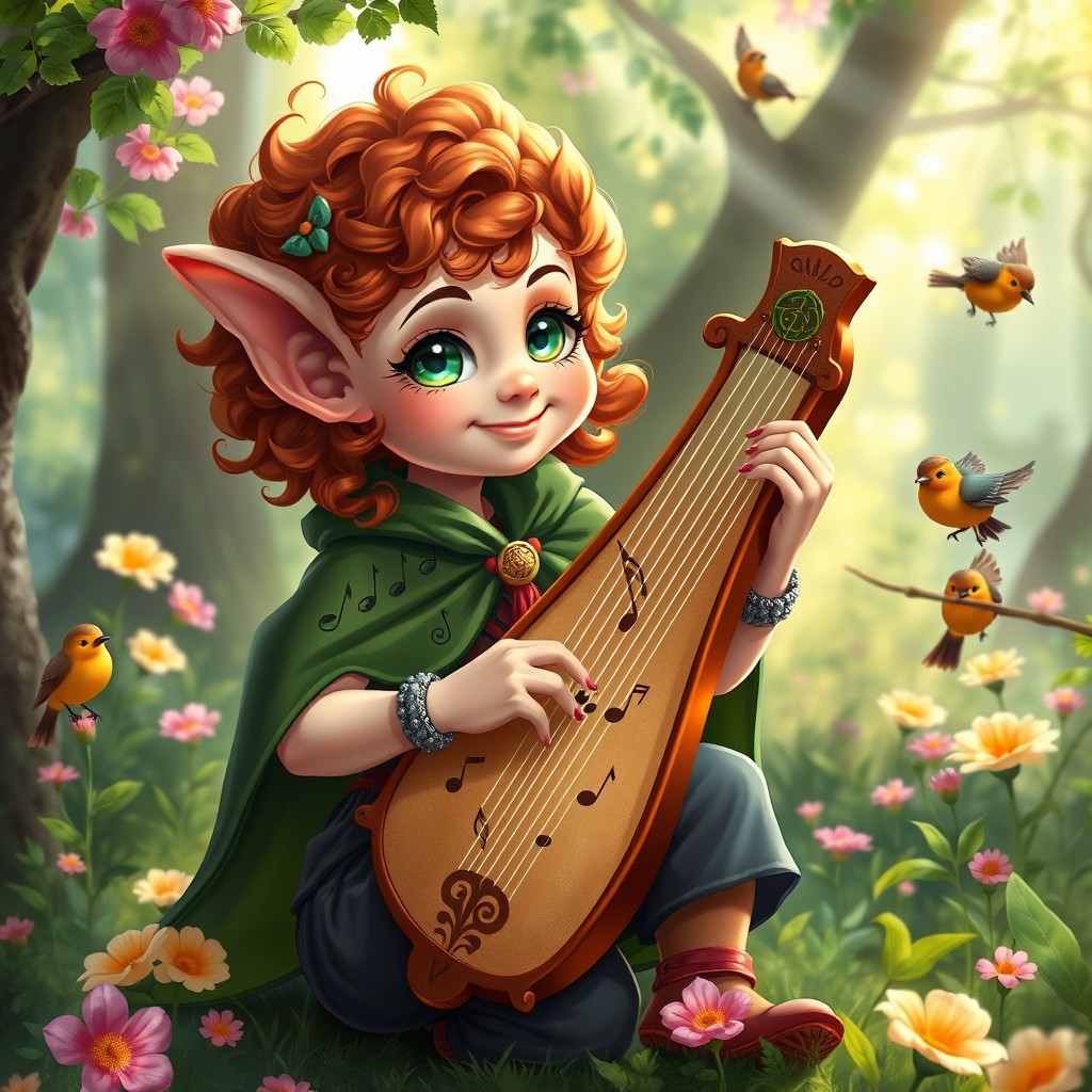 A charming female halfling bard playing a lap harp