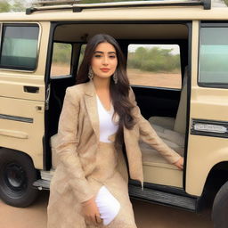 A young woman named Ayesha inside a luxurious Land Cruiser. She is elegantly dressed and is sitting comfortably. The vehicle has a custom number plate with 'Ayesha' on it.