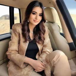 A young woman named Ayesha inside a luxurious Land Cruiser. She is elegantly dressed and is sitting comfortably. The vehicle has a custom number plate with 'Ayesha' on it.