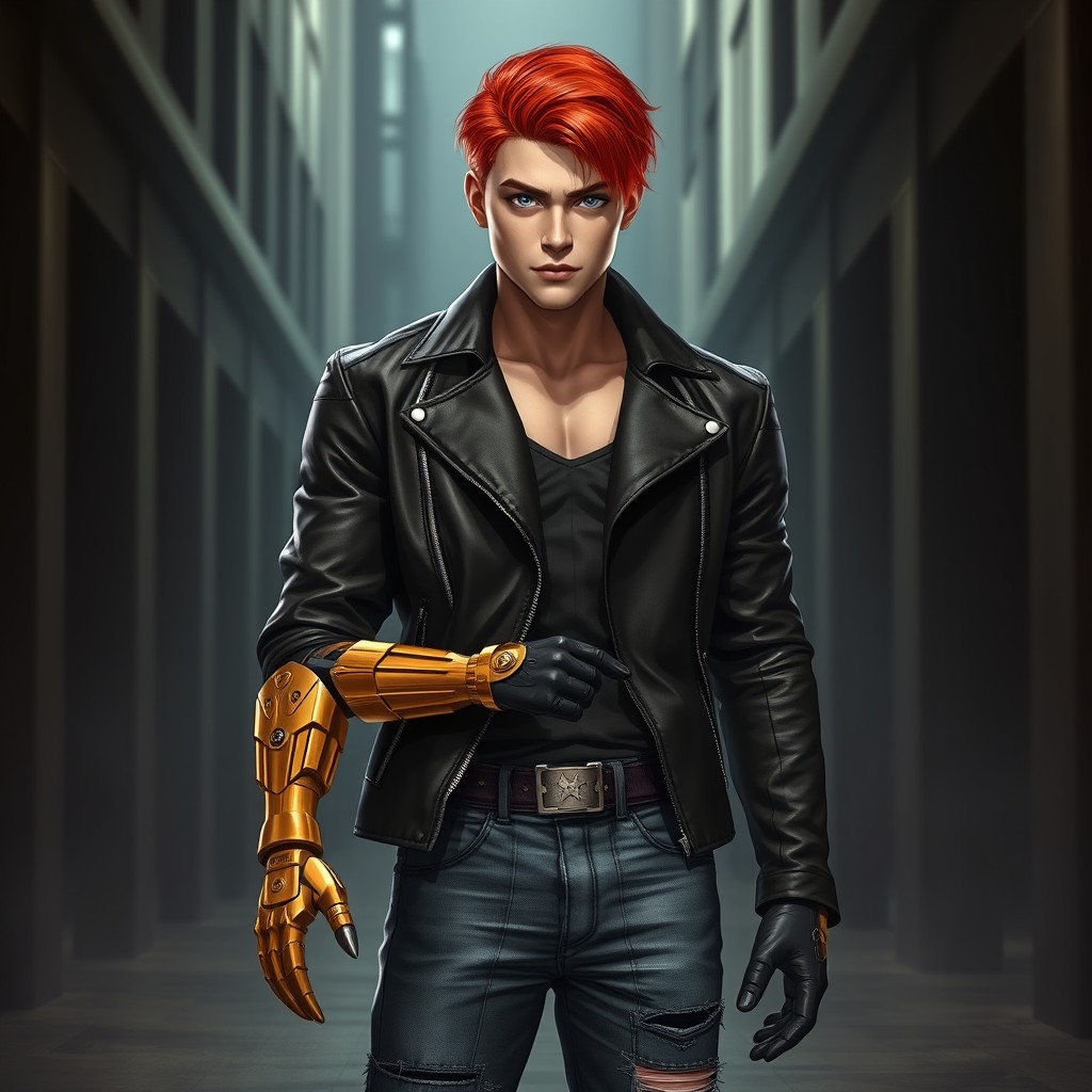A tall Roman-American male character with striking lavender eyes and vivid orange hair