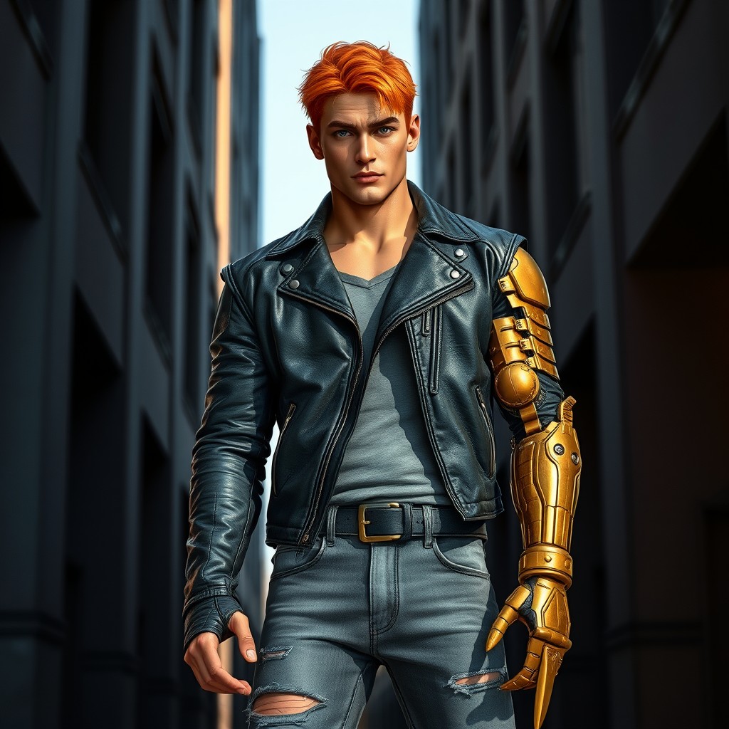 A tall Roman-American male character with tan skin, captivating lavender eyes, and striking orange hair