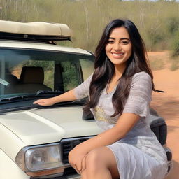 A young woman named Ayesha inside a luxurious Land Cruiser. She is seated gracefully, smiling slightly. The vehicle has a custom number plate with 'Ayesha' written on it.