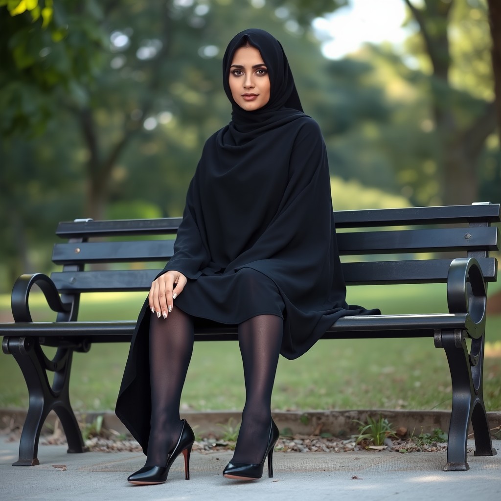 A woman dressed in a traditional black chador that covers her entire body, paired with sleek black tights and fashionable black high heels