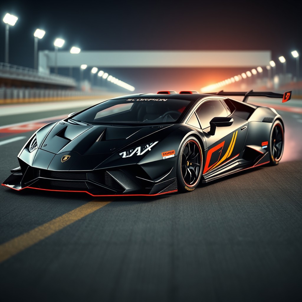 A stunning car design that combines elements of both the 24 Hours of Le Mans vehicles and the Lamborghini Huracán STO, representing the brand 'Scorpion'