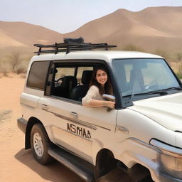 A young woman named Ayesha inside a luxurious Land Cruiser. She is seated gracefully, smiling slightly. The vehicle has a custom number plate with 'Ayesha' written on it.