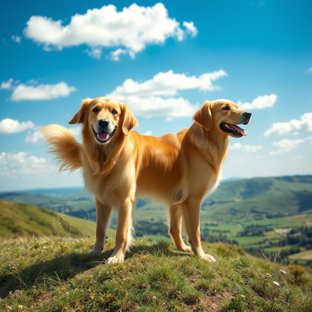 A majestic golden retriever standing proudly on a grassy hilltop under a bright blue sky, with fluffy white clouds drifting lazily by
