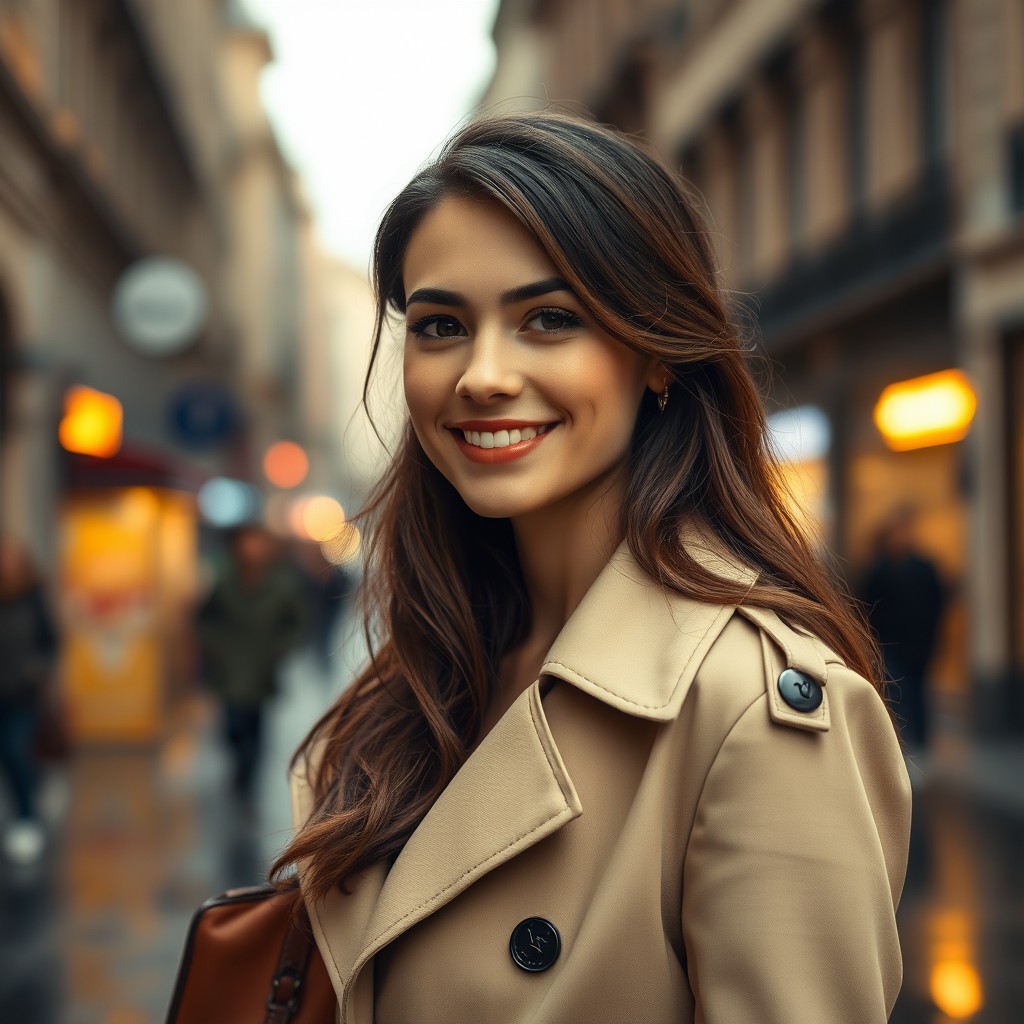 A stunning cinematic hyper realistic portrait of a young woman smiling confidently in the middle of a European street after light rain