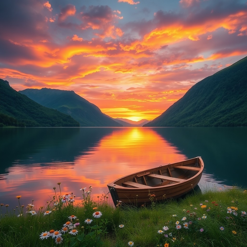 A serene and beautifully detailed landscape featuring a vibrant sunset over a tranquil lake, surrounded by lush green mountains