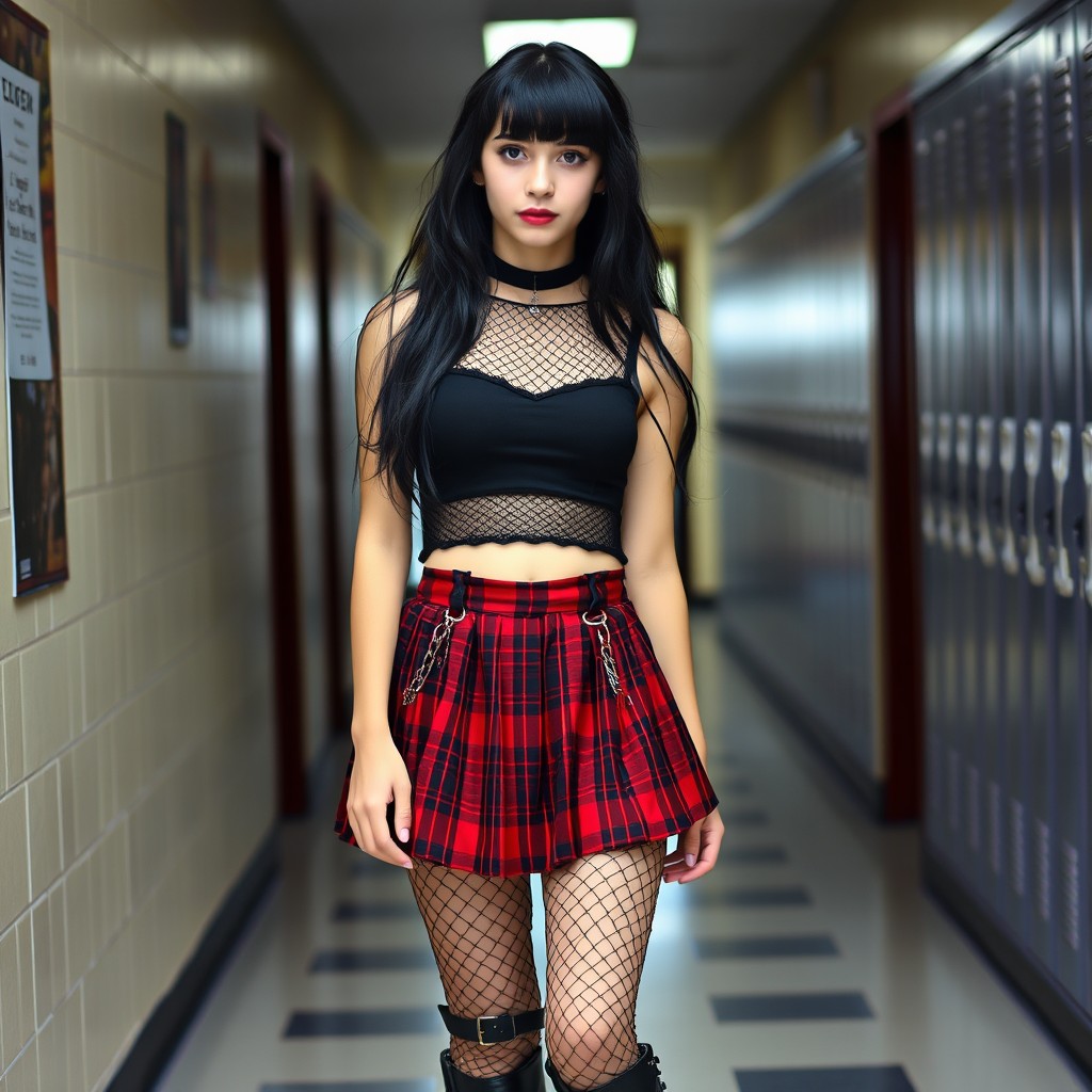 A gothic high school girl, approximately 17 years old, standing confidently in a school hallway