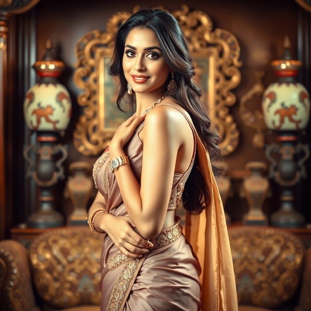 A stunning and alluring Indian woman dressed in a traditional saree, with intricate embroidery and a sensual drape that highlights her curves